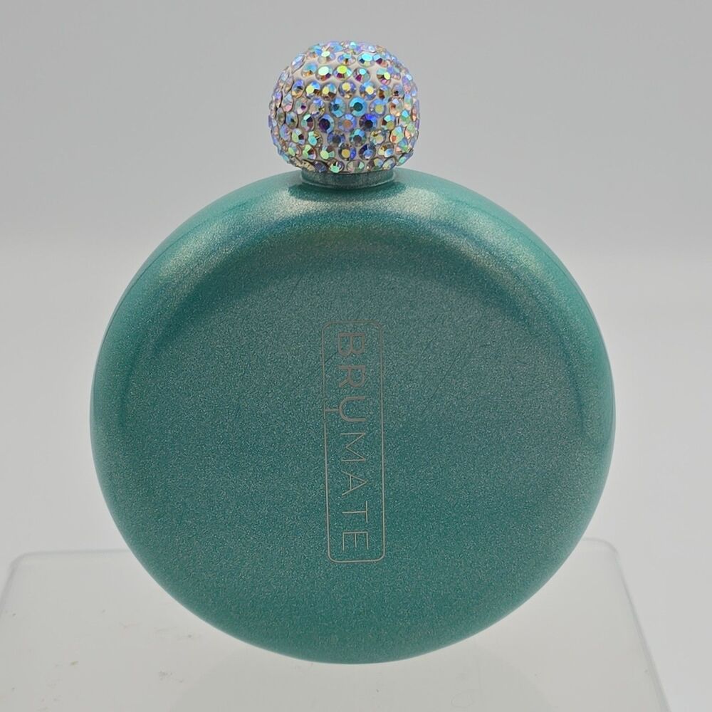 BruMate 5 oz Stainless Steel Flask Aqua Shimmer Teal Rhinestone Crystal Cap